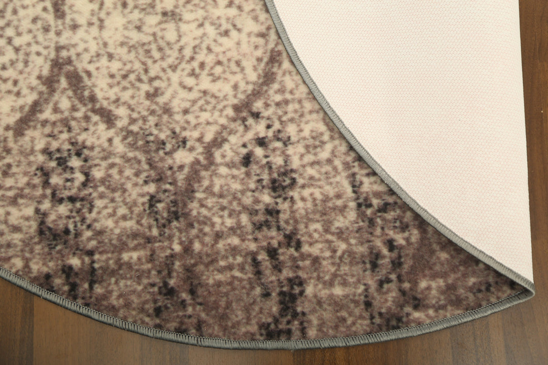 Brown and Beige Geometric Round Print Non Woven Rug with Non Slip TPR Backing For Everyday Use