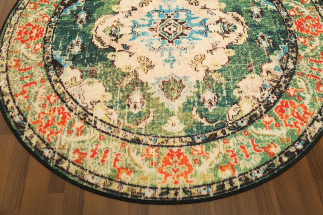 Multi Color Floral Print Round Non Woven Rug with Non Slip TPR Backing For Everyday Use