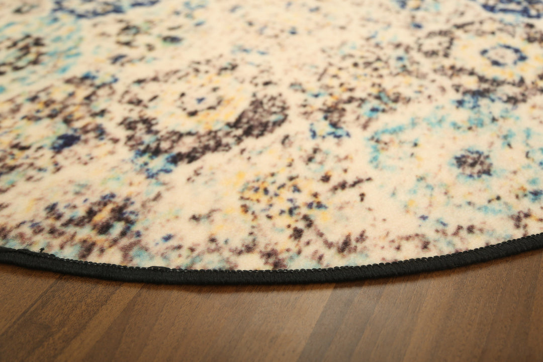 Brown Traditional Round Print Non Woven Rug with Non Slip TPR Backing For Everyday Use