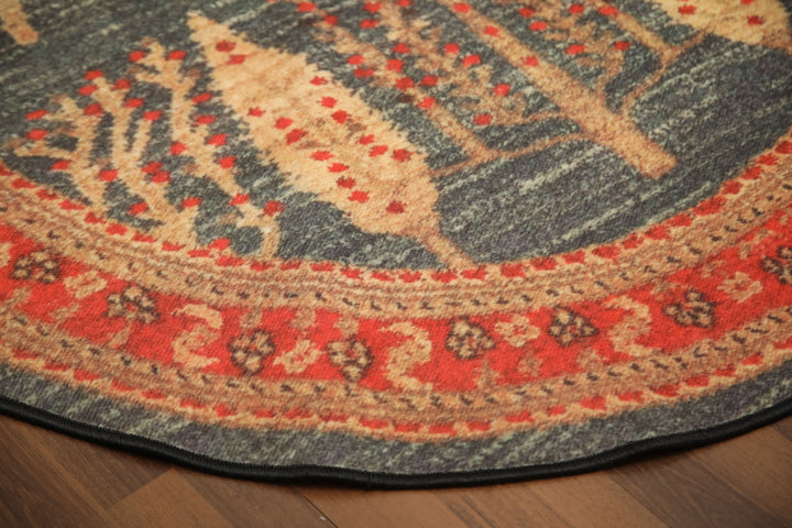 Multi Color Traditional Print Round Non Woven Rug with Non Slip TPR Backing For Everyday Use