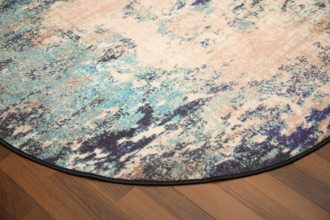 Multi Color Abstract Print Round Non Woven Rug with Non Slip TPR Backing For Everyday Use