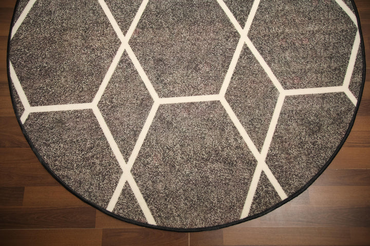 Dark Grey with Beige Criss Cross Print Round Non Woven Rug with Non Slip TPR Backing For Everyday Use