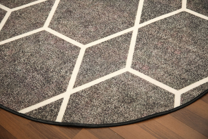 Dark Grey with Beige Criss Cross Print Round Non Woven Rug with Non Slip TPR Backing For Everyday Use