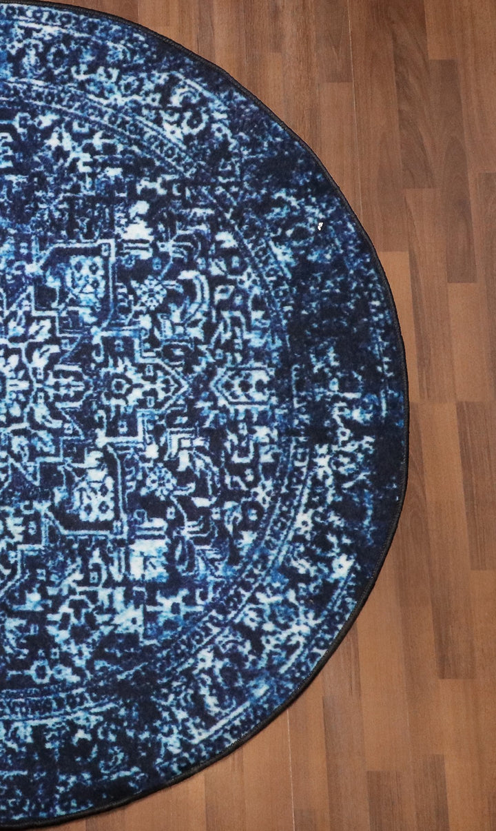 Dark Blue Traditional Print Round Non Woven Rug with Non Slip TPR Backing For Everyday Use