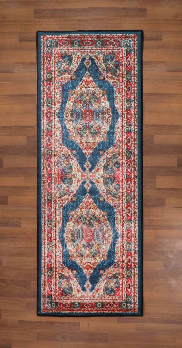 Red and Blue Floral Print Non Woven Runner with Non Slip TPR Backing