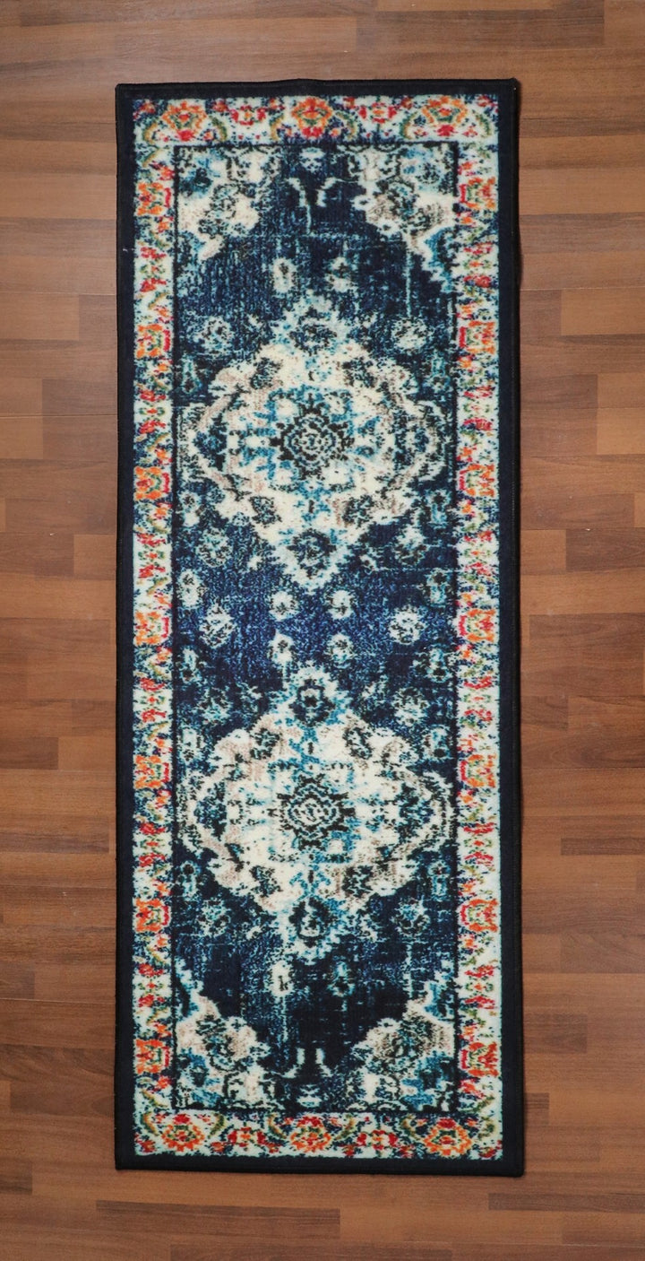 Dark Blue with Multi Color Traditional Print Non Woven Runner with Non Slip TPR Backing