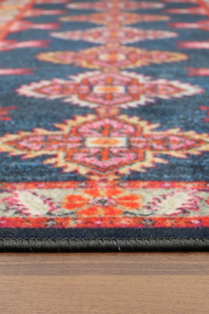 Blue with Multi Color Traditional Print Non Woven Runner with Non Slip TPR Backing