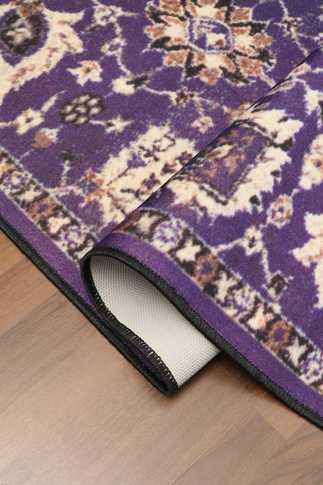 Purple and Beige Floral Print Non Woven Runner with Non Slip TPR Backing