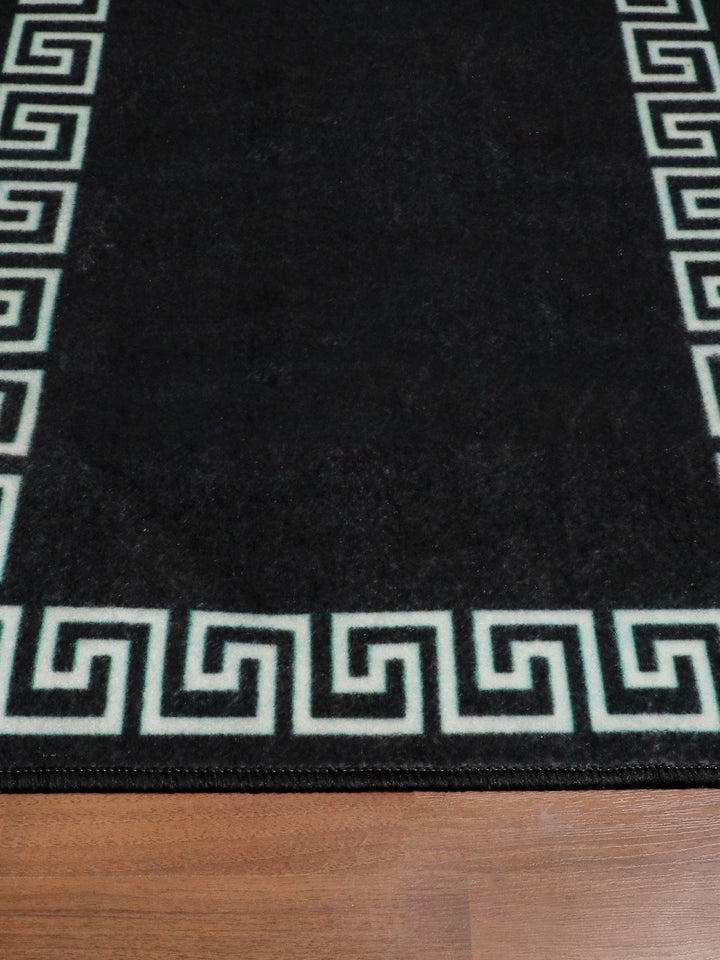 Black and Beige Kilim Border Print Non Woven Runner with Non Slip TPR Backing
