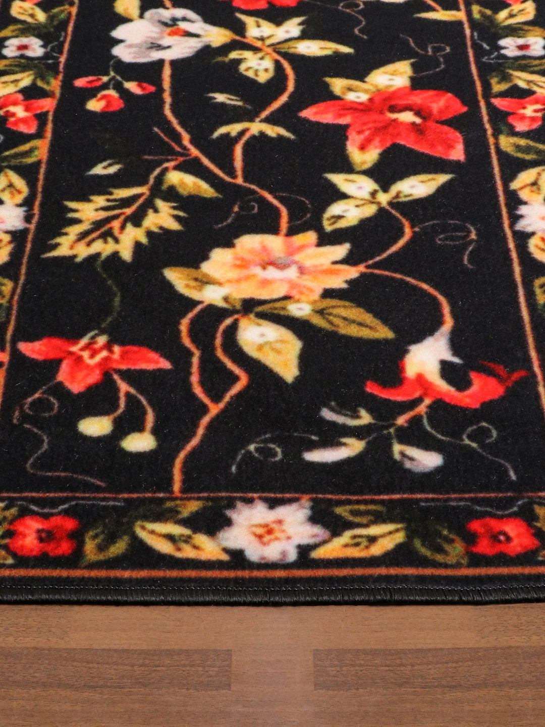 Black with Multi Color Floral Print Non Woven Runner with Non Slip TPR Backing