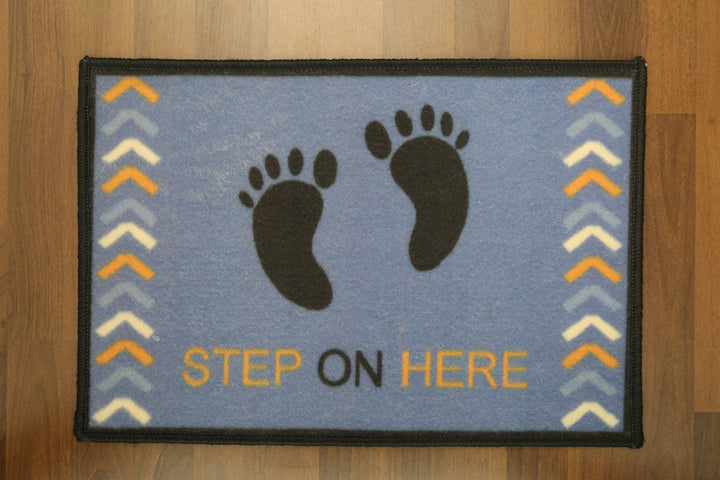 Blue with Multi Color Step on Here Print Non Woven Door Mat with Anti Slip TPR Backing For Everyday Use