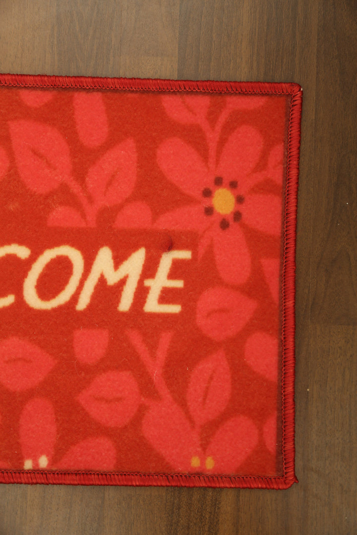 Red Floral with Beige Welcome Print Non Woven Door Mat with Anti Slip TPR Backing For Everyday Use