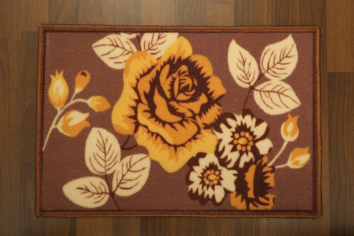 Brown with Multi Color Floral Print Non Woven Door Mat with Anti Slip TPR Backing For Everyday Use