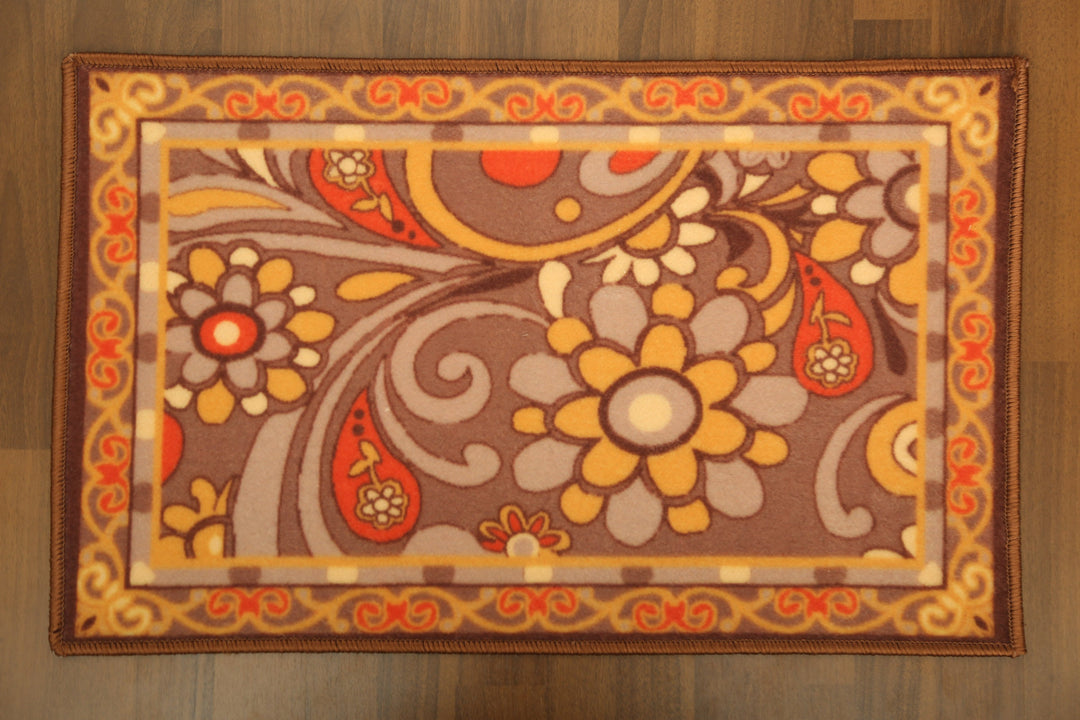 Brown with Multi Color Floral Print Non Woven Door Mat with Anti Slip TPR Backing For Everyday Use