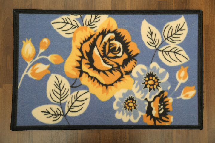 Blue with Multi Color Floral Print Non Woven Door Mat with Anti Slip TPR Backing For Everyday Use