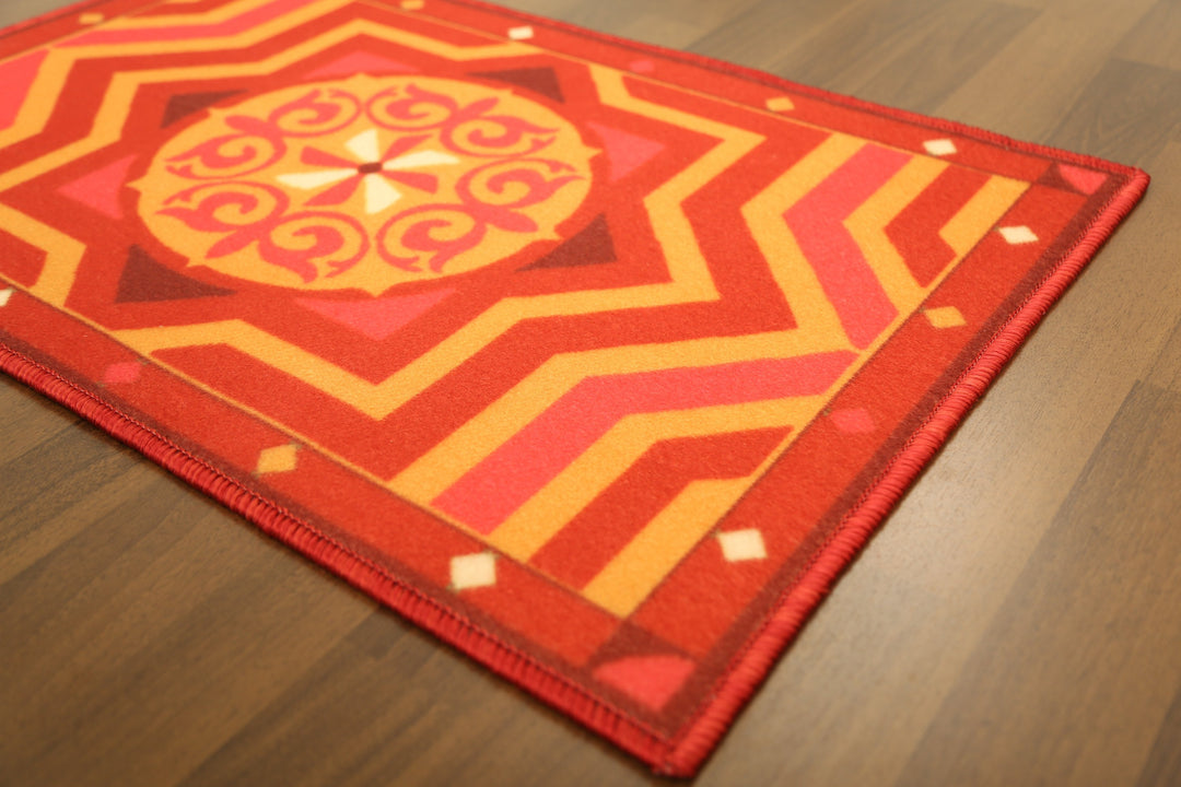Red with Multi Color Geometric Print Non Woven Door Mat with Anti Slip TPR Backing For Everyday Use
