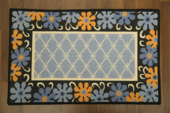 Black with Multi Color Floral and Criss Cross Print Door Mat