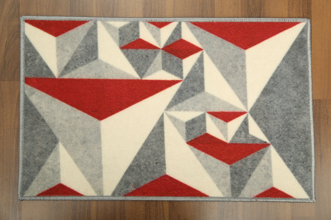 Grey and Red Modern Geometric Print Non Woven Door Mat with Anti Slip TPR Backing For Everyday Use