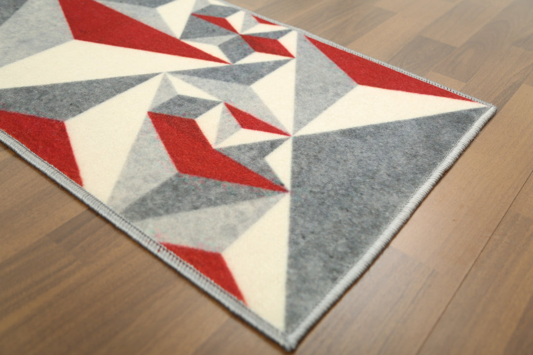 Grey and Red Modern Geometric Print Non Woven Door Mat with Anti Slip TPR Backing For Everyday Use