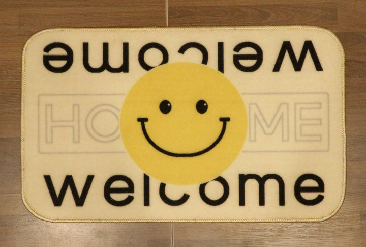 Beige with Yellow Smiley Welcome Home Print Non Woven Door Mat with Anti Slip TPR Backing For Everyday Use