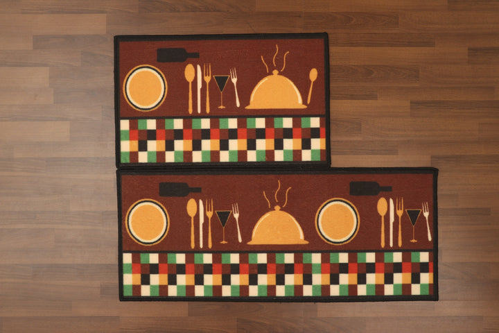 Brown With Multi Color Utensils & Geometric Pattern Print Kitchen Mat Set