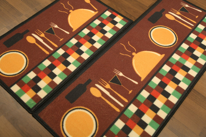 Brown With Multi Color Utensils & Geometric Pattern Print Kitchen Mat Set