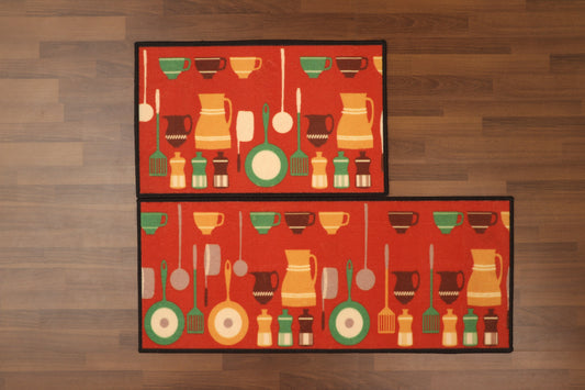 Red With Multi Color Utensils & Geometric Pattern Print Kitchen Mat Set