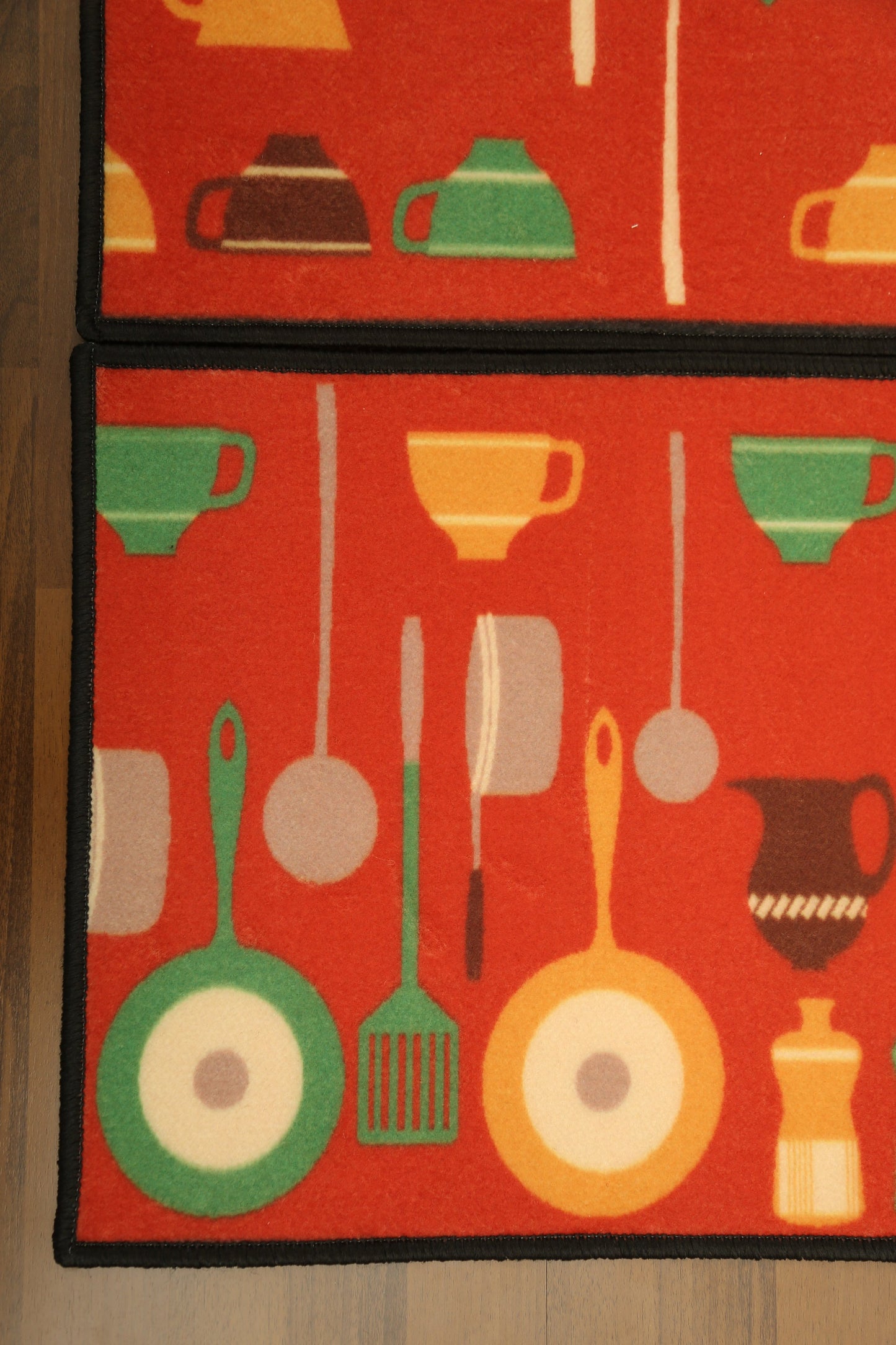 Red With Multi Color Utensils & Geometric Pattern Print Kitchen Mat Set
