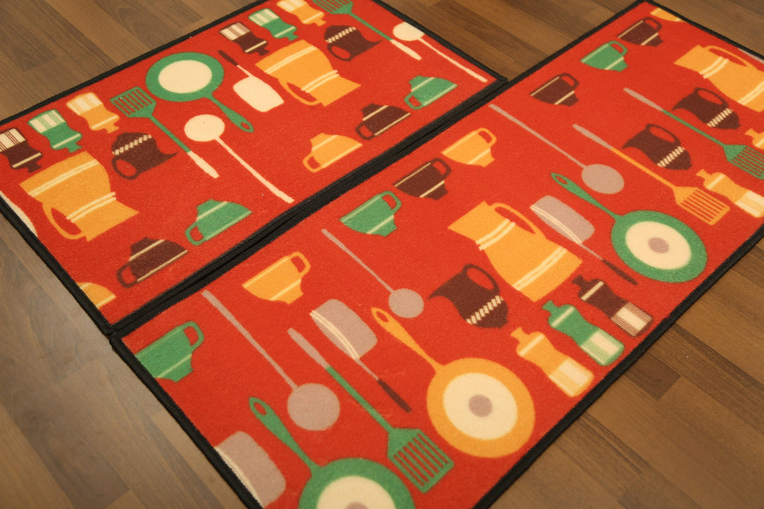 Red With Multi Color Utensils & Geometric Pattern Print Kitchen Mat Set
