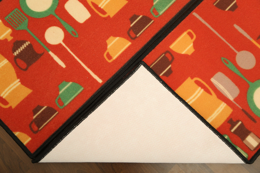 Red With Multi Color Utensils & Geometric Pattern Print Kitchen Mat Set