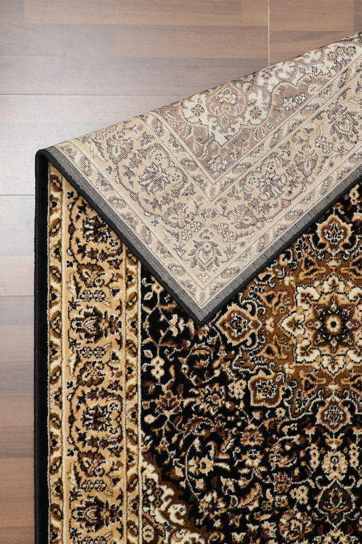 Black with Multi Color Medallion Printed Rectangle Woven Rug with Jute & Polyester Backing