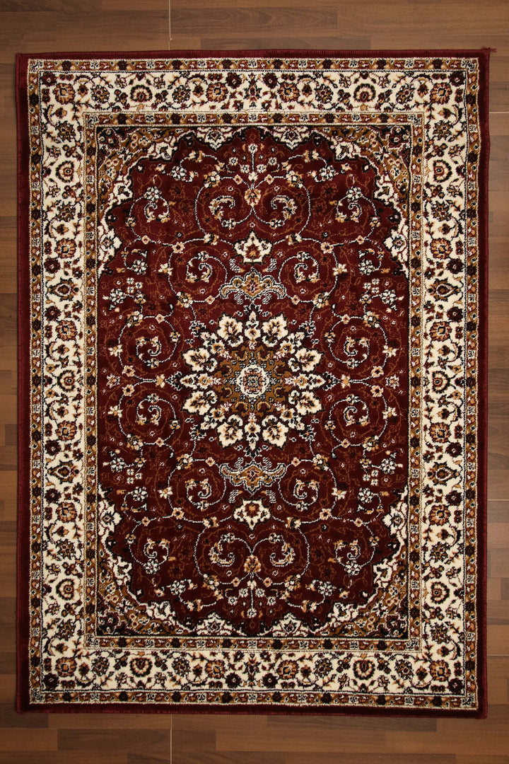 Beige and Maroon Floral Printed Rectangle Woven Rug with Jute & Polyester Backing