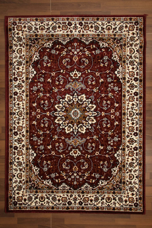 Beige and Maroon Floral Printed Rectangle Rug