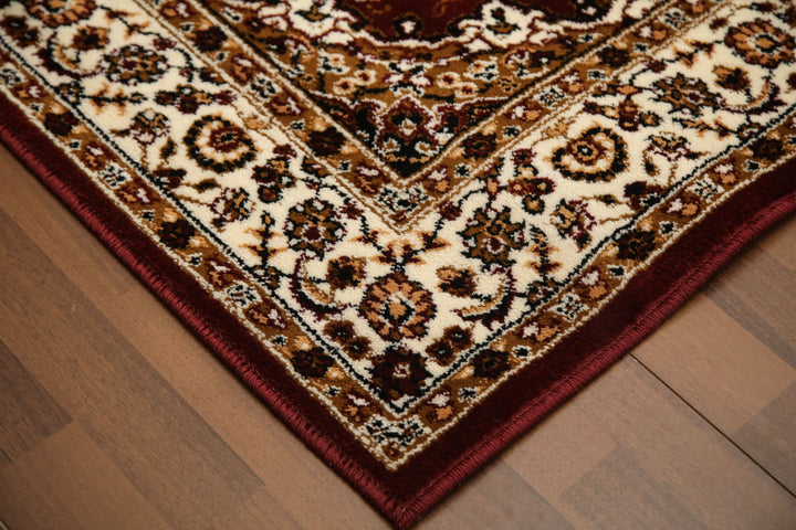 Beige and Maroon Floral Printed Rectangle Rug