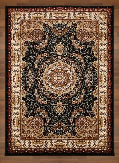 Black Red & Beige Medallion Traditional Design Rug