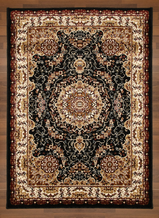 Black Red & Beige Medallion Traditional Design Rug