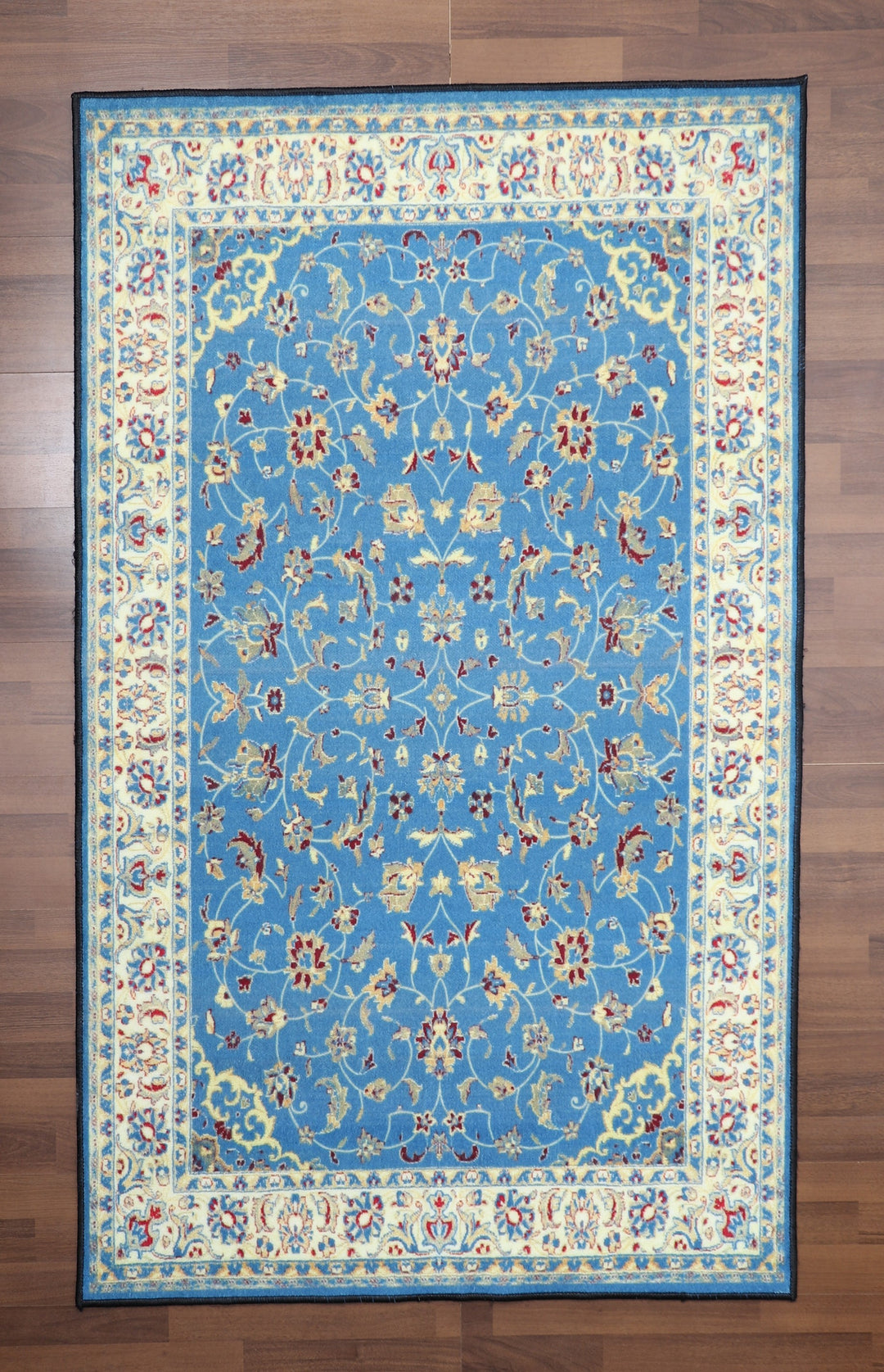 Blue with Multi Color All Over Print Rectangle Non Woven Rug with Non Slip TPR Backing For Everyday Use