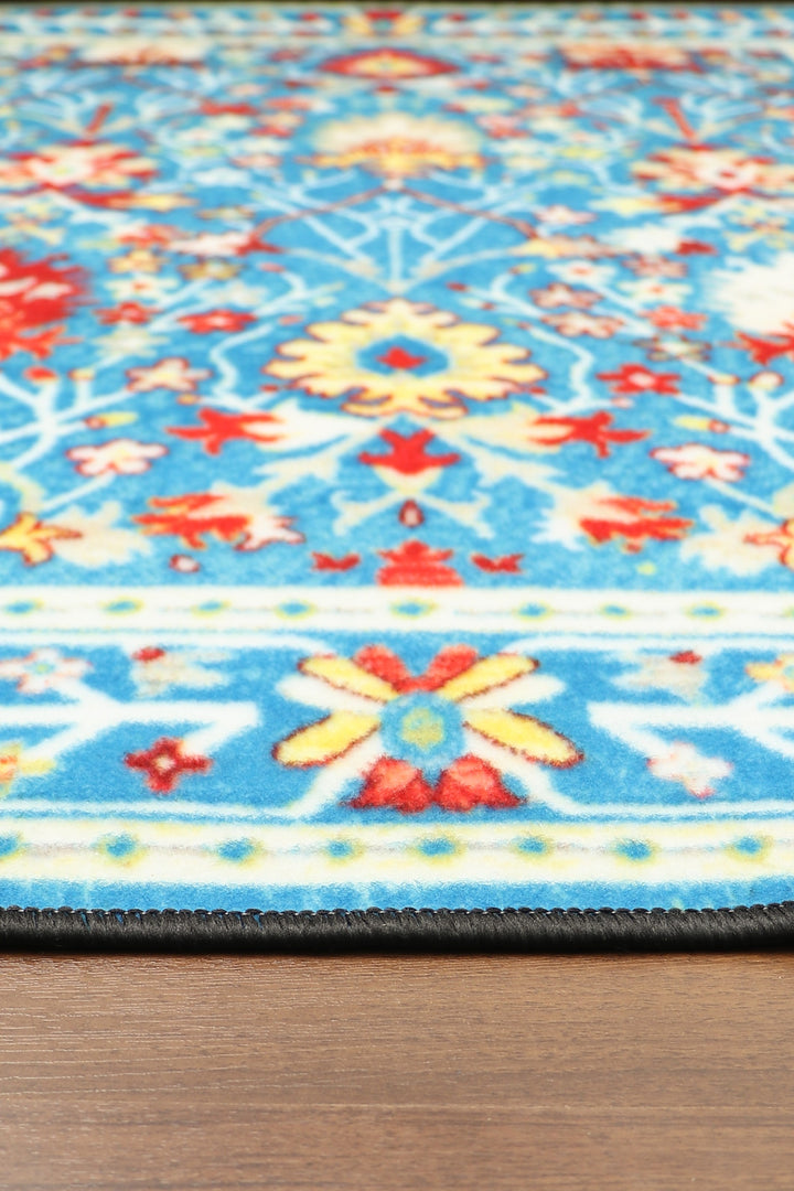 Blue and Multi Color Jaldar Print Rectangle Non Woven Rug with Non Slip TPR Backing For Everyday Use