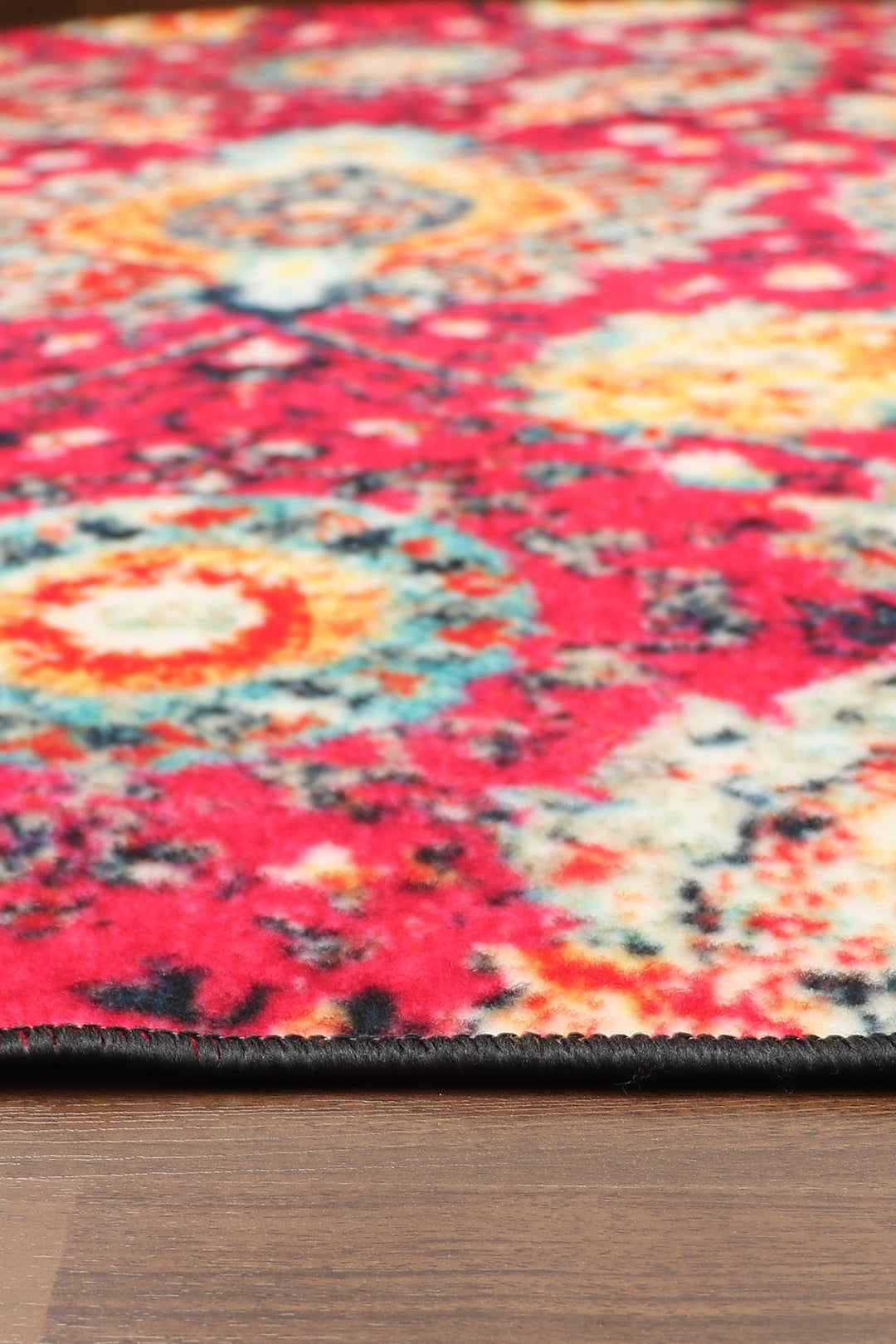 Pink and Multi Color Floral Print Rectangle Non Woven Rug with Non Slip TPR Backing For Everyday Use