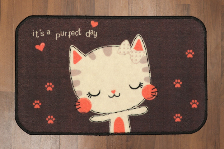 Brown with Multi Color It's a Purfect Day Cat Print Non Woven Kids Door Mat with Non-Slip TPR Backing