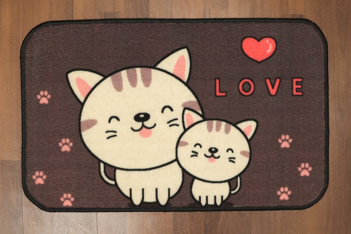 Brown Multi Color Love Cat Print Door Mat