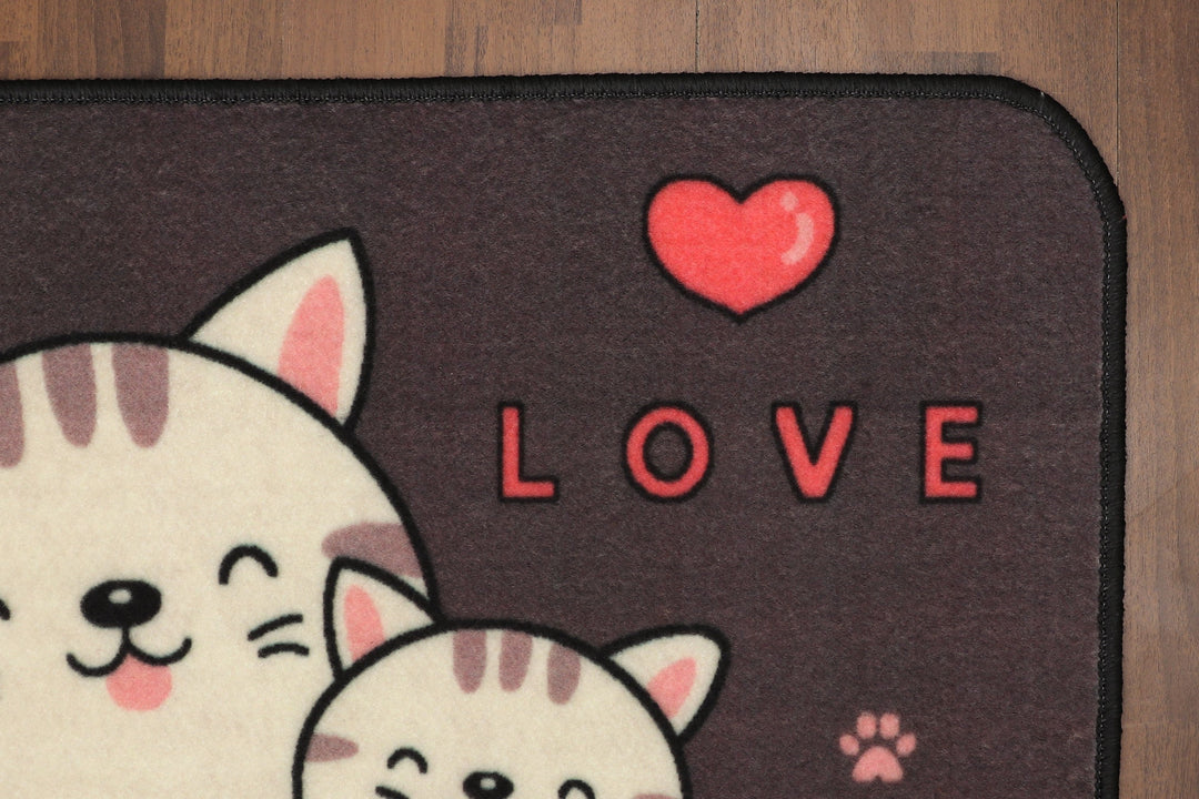 Brown with Multi Color Love Cat Print Non Woven Kids Door Mat with Non-Slip TPR Backing