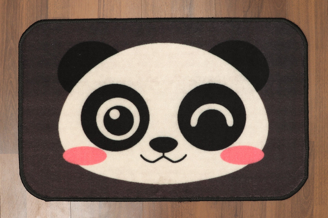 Black with Multi Color Panda Print Non Woven Kids Door Mat with Non-Slip TPR Backing
