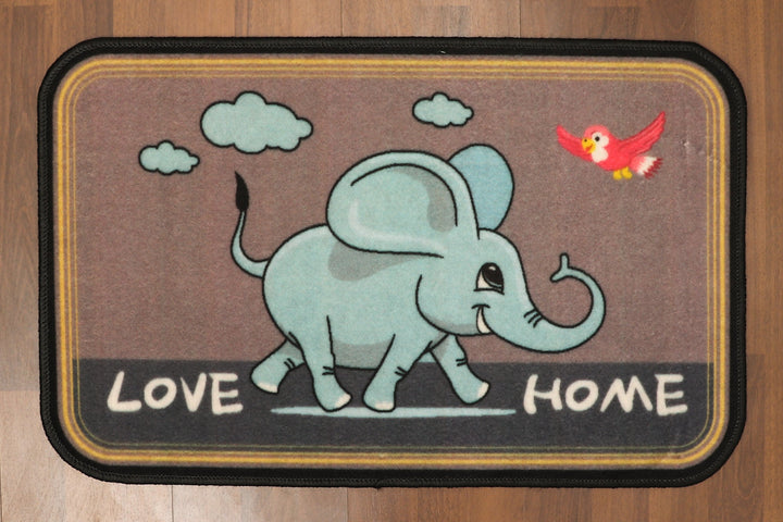 Multi Color Love Home with Elephant Print Non Woven Kids Door Mat with Non-Slip TPR Backing