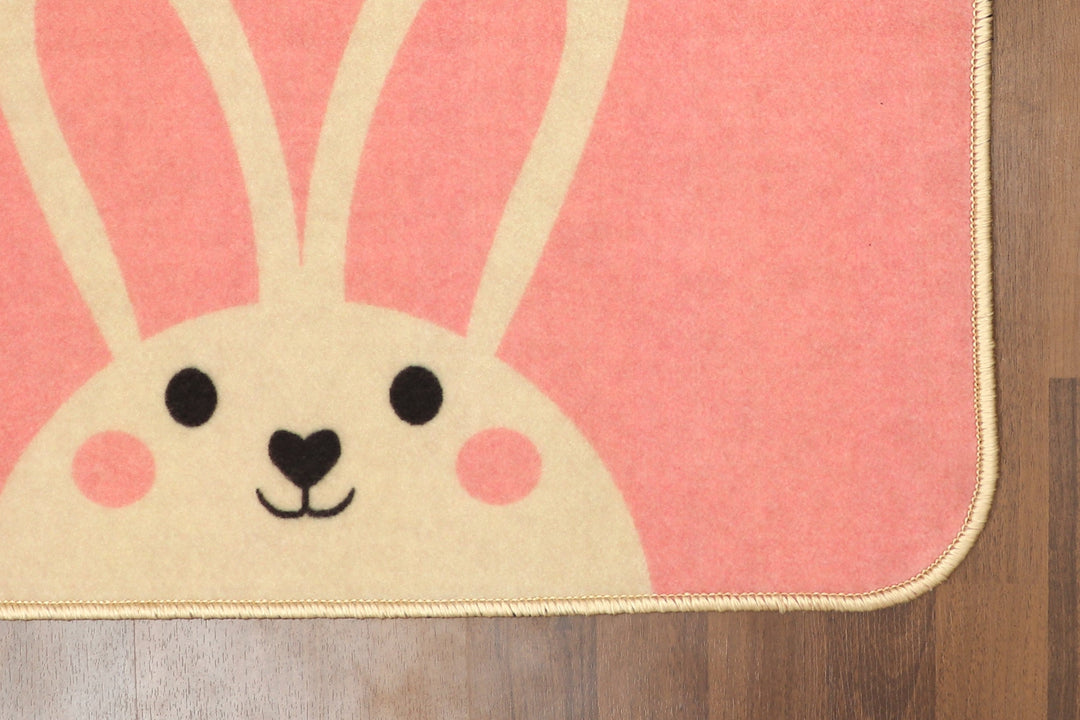 Pink and Beige Rabbit Print Non Woven Kids Door Mat with Non-Slip TPR Backing