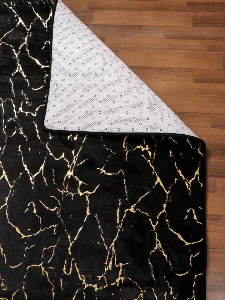 Black and Gold Abstract Engraved Fancy Micro Fur Rectangle Rug with Anti Slip Dot Backing