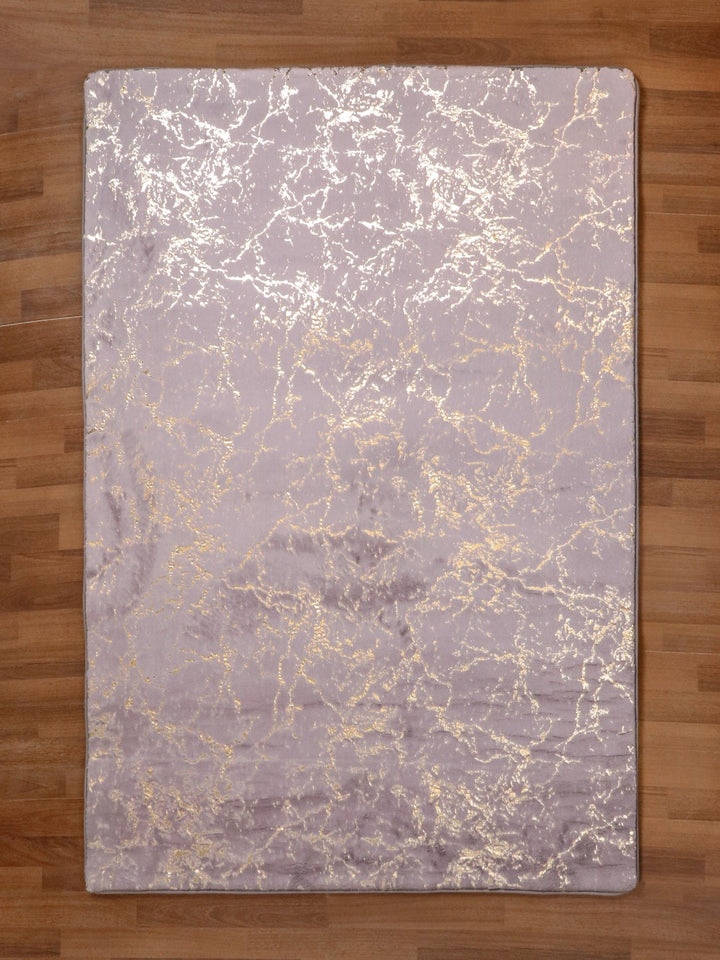 Purple and Golden Abstract Engraved Fancy Micro Fur Rectangle Rug with Anti Slip Dot Backing
