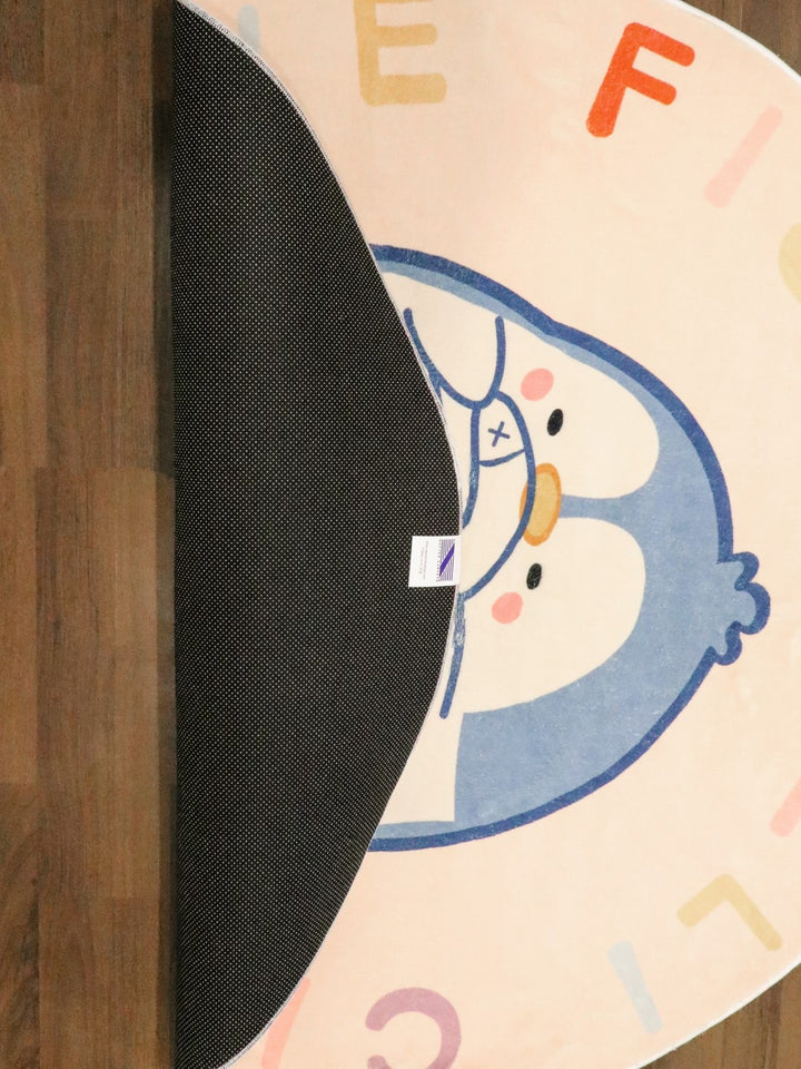 Beige Penguin Printed Kids Micro fur Soft Rug with Anti Slip Dot Backing