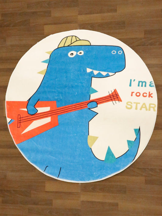 Beige and Blue Rockstar Dinosaur Printed Kids Rug