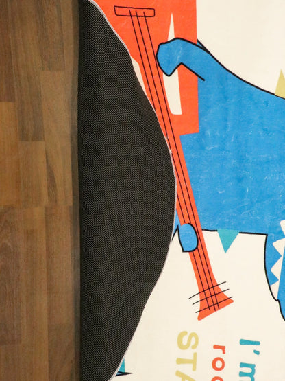 Beige and Blue Rockstar Dinosaur Printed Kids Rug